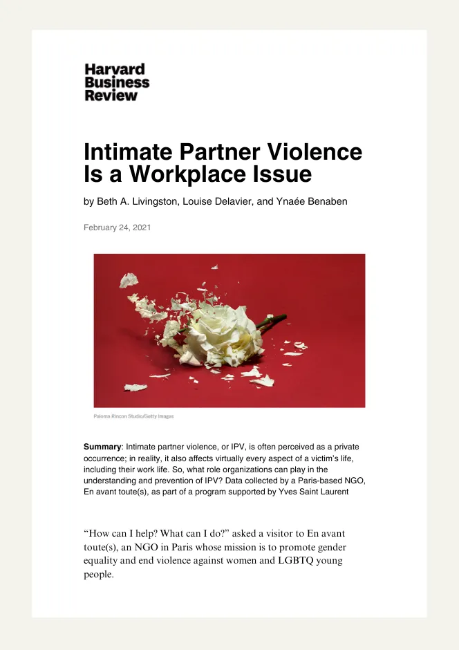 Intimate Partner Violence Is a Workplace Issue - Havard Business Review - En avant toute(s)